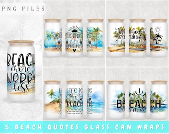 Beach Quotes Libbey Glass Can Wraps Bundle, 5 Designs, 16oz Glass Can PNG, Beach Glass Can Sublimation Design, Vacation Glass Can PNG