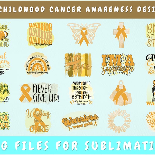 Sublimationsdesign-Bündel, 20 Designs, Kinderkrebs PNG-Dateien, Kinderkrebs-Krieger PNG, Goldband PNG