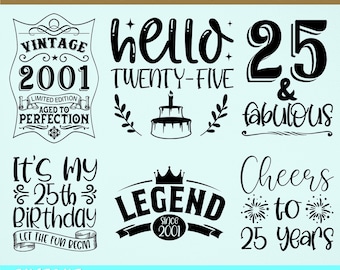 25th Birthday SVG Bundle, 6 Designs, 25th Birthday Shirt SVG, 25 And Fabulous Svg, Cheers To 25 Years SVG, Hello Twenty-Five, Vintage 2001