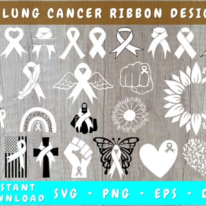 May include: 25 Lung Cancer Ribbon Designs. A digital download of SVG, PNG, EPS, and DXF files for crafting and creating projects.