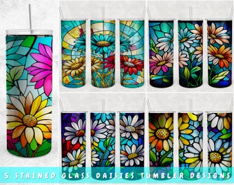 Stained Glass Daisies Tumbler Wraps Bundle, 5 Designs, 20oz Skinny Tumbler PNG Files, Daisy Tumbler Sublimation Designs, Daisy PNG