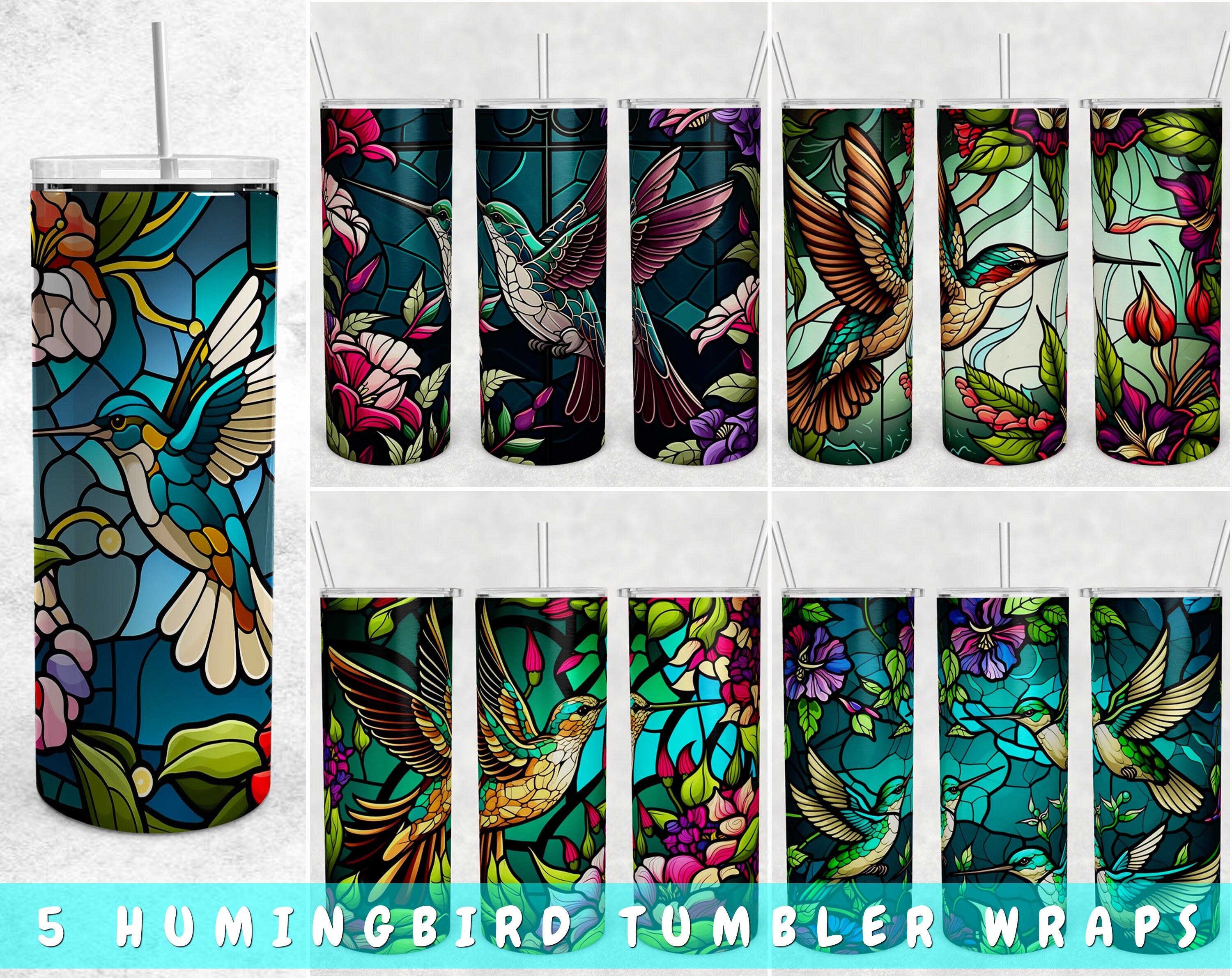 Stained Glass Hummingbirds Tumbler Wraps Bundle, 5 Designs, 20oz Skinny Tumbler PNG Files, Humming Bird Tumbler Sublimation Designs