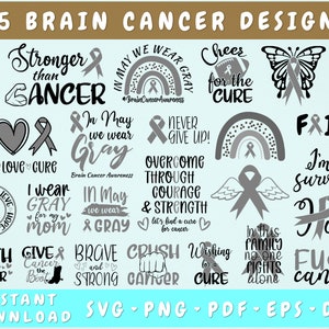 Paquete SVG de concientización sobre el cáncer cerebral - 25 diseños, cinta gris SVG, archivos cortados sobre el cáncer cerebral, paz amor cura svg, cáncer arco iris SVG