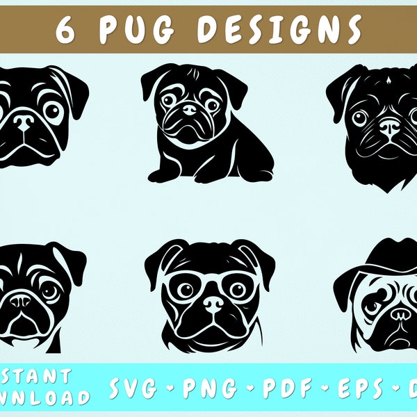 Pug SVG Bundle, 6 Designs, Pug Cut Files, Pug Clipart, Pug PNG, Funny Pug SVG, Pug In Glasses Svg