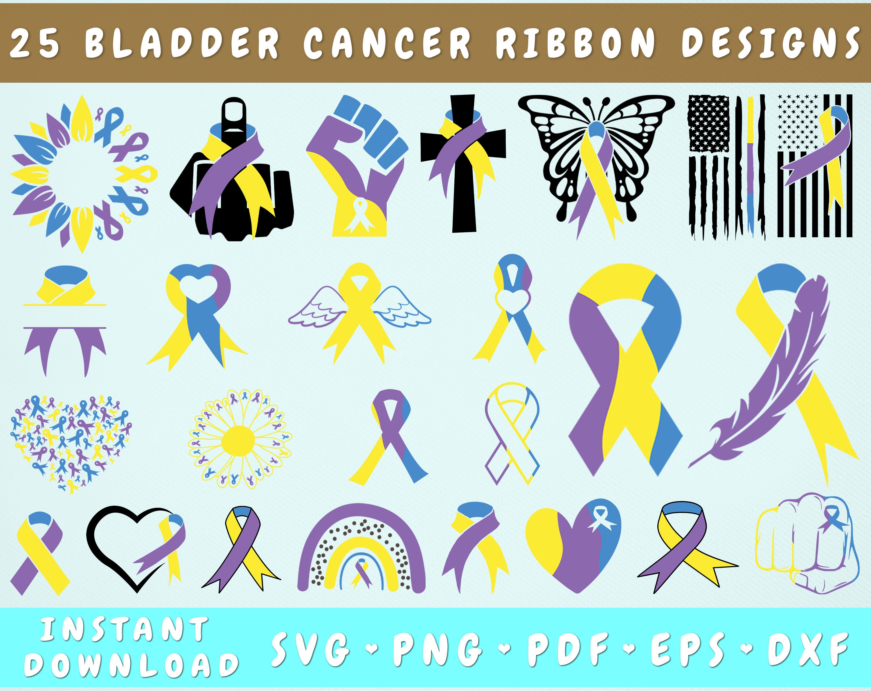 Paquete SVG de cinta de cáncer de vejiga, 25 diseños, imágenes prediseñadas de cáncer de vejiga, svg de mariposa de cáncer, pngs de cáncer de vejiga para sublimación