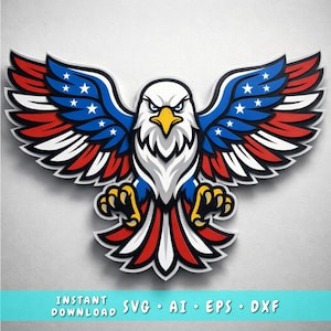 May include: A stylized eagle illustration with outstretched wings, featuring a patriotic color scheme. The wings are blue with white stars and red and white stripes. The eagle has a white head, yellow beak, and yellow talons. The text "INSTANT DOWNLOAD" and file type abbreviations are at the bottom.