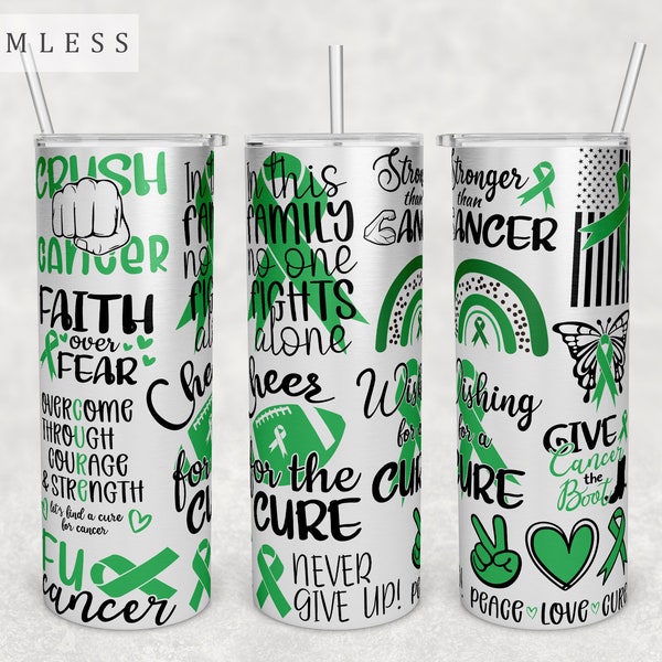 Liver Cancer Awareness Tumbler Wrap, 20oz Skinny Tumbler PNG File, Seamless Tumbler Sublimation Design, Emerald Green Ribbon Tumbler PNG