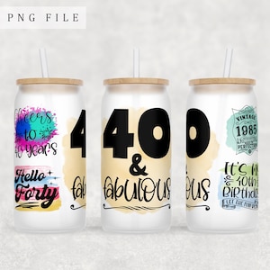 40th Birthday Libbey Glass Can Wrap, 16oz Glass Can PNG File, 40th Anniversary Glass Can Sublimation Design, Hello Forty Glass Can Wrap