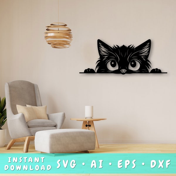 Peeking Cat Laser SVG Cut File, Cat Wall Art SVG, DXF, Eps, Peeking Cat Vector Cut File, Peeking Cat Laser Ready Svg