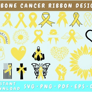 May include: 25 Bone Cancer Ribbon Designs. A collection of yellow ribbon designs in various shapes, including hearts, sunflowers, rainbows, butterflies, and fists. The designs are perfect for creating awareness and showing support for those affected by bone cancer.
