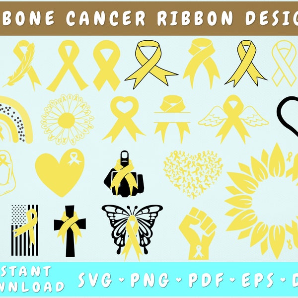 Bone Cancer Ribbon SVG Bundle, 25 Designs, Bone Cancer Clipart, Cancer Butterfly Svg, Bone Cancer Pngs for Sublimation, Yellow Ribbon SVG