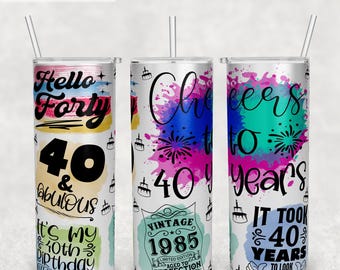 40th Birthday Tumbler Wrap, 20oz Skinny Tumbler PNG File, Seamless Tumbler Sublimation Design, 40th Anniversary Tumbler PNG, Vintage 1985
