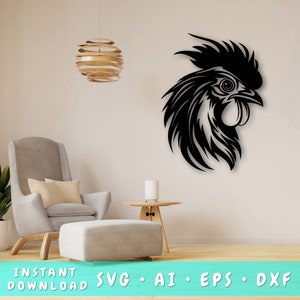 Rooster Laser SVG Cut File, Rooster Wall Art SVG, DXF, Eps, Rooster Head Vector Cut File, Rooster Laser Ready Svg