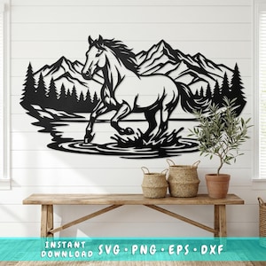 May include: Black metal wall art depicting a horse running through water, with mountains and trees in the background. The horse is the focal point, with detailed lines. The art piece is mounted on a white wall. Text at the bottom reads "INSTANT DOWNLOAD SVG • PNG • EPS • DXF".