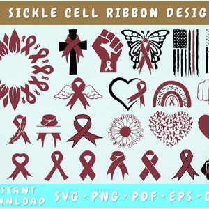 Sickle Cell Ribbon SVG Bundle, 25 Designs, Sickle Cell Clipart, Sickle Cell Sunflower SVG, Sickle Cell Butterfly Svg, Burgundgy Ribbon SVG
