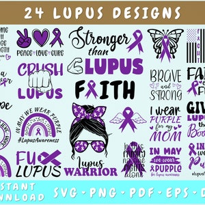 Lupus Awareness SVG Bundle - 24 modèles, ruban violet SVG, Lupus Cut Files, Lupus Warrior Svg, Png, Give Lupus The Boot Svg