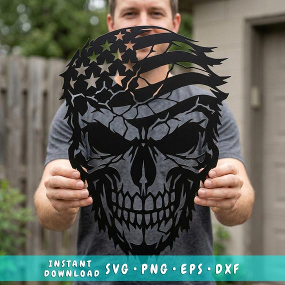 Patriotic Skull Flag Laser SVG | Plasma CNC Metal Wall Art File | American Flag Skull Dxf Png Eps | Laser Cut USA Skull Design
