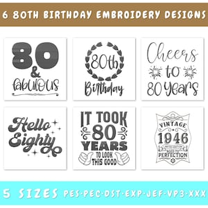80th Birthday Embroidery Designs Bundle - 6 Designs, 80 and Fabulous Embroidery, Vintage 1946 Embroidery File, Hello Eighty Embroidery File