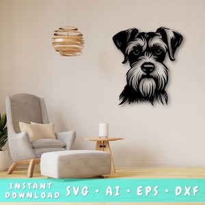 Dwergschnauzer laser gesneden SVG-bestand, Dwergschnauzer Wall Art SVG, DXF, Eps, Dwergschnauzer hoofd vector gesneden bestand