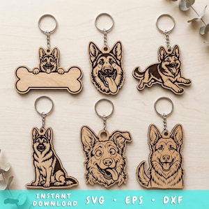 May include: Wooden keychains featuring German Shepherd dog designs. Each keychain is laser-cut with intricate details, showcasing different poses and expressions of the dogs. The keychains are attached to silver-colored key rings. The bottom of the image has the text "INSTANT DOWNLOAD SVG • EPS • DXF".