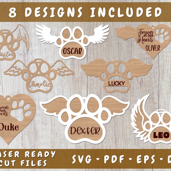 Dog Paw Memorial Laser SVG Bundle, 8 Designs, Dog Paw Angel Wings SVG Cut Files, Dog Memorial Laser Ready Cut Files, Dog Angel Wings DXF