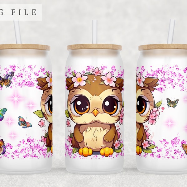 Baby Owl Libbey Glass Can Wrap, 16oz Glass Can PNG File, Little Owl Glass Can Sublimation Design, Cute Owl Glass Can PNG