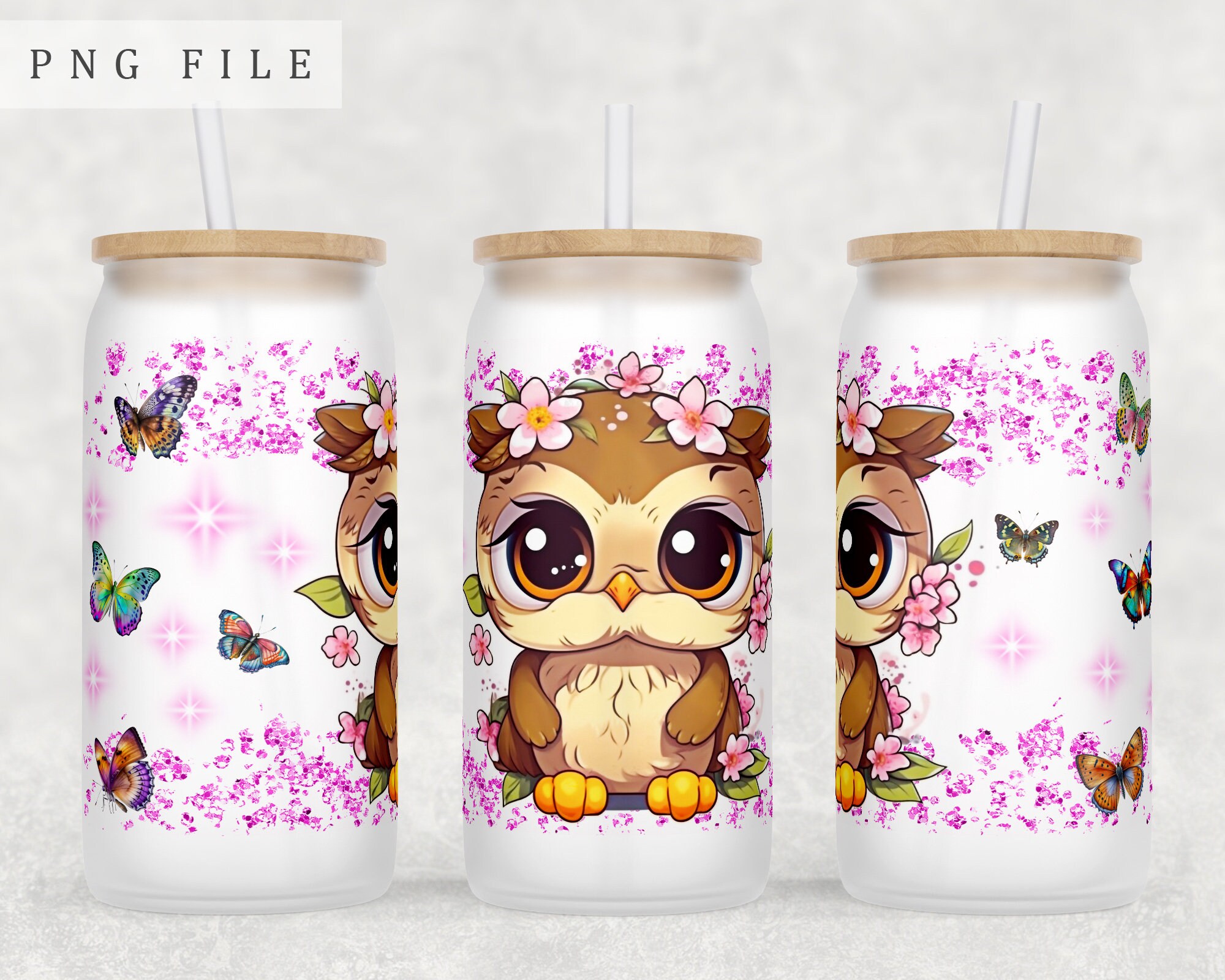 Baby Owl Libbey Glass Can Wrap, 16oz Glass Can PNG File, Little Owl Glass Can Sublimation Design, Cu