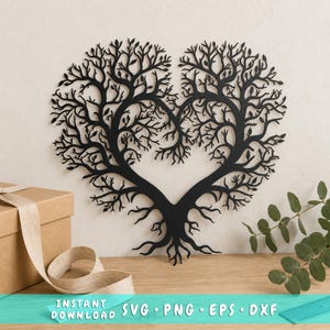 Herzförmiger Baum als Laserschnittdatei (SVG), Lebensbaum-Wandbild (SVG, DXF, EPS), Baum-Vektorgrafik, Laserfertige Baum-SVG-Datei
