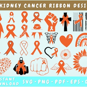 May include: A set of 25 kidney cancer ribbon designs in orange and black. The designs include a variety of shapes, such as hearts, crosses, sunflowers, and butterflies. The text "25 KIDNEY CANCER RIBBON DESIGNS" is at the top of the image. The text "INSTANT DOWNLOAD SVG.PNG.PDF.EPS.DXF" is at the bottom of the image.