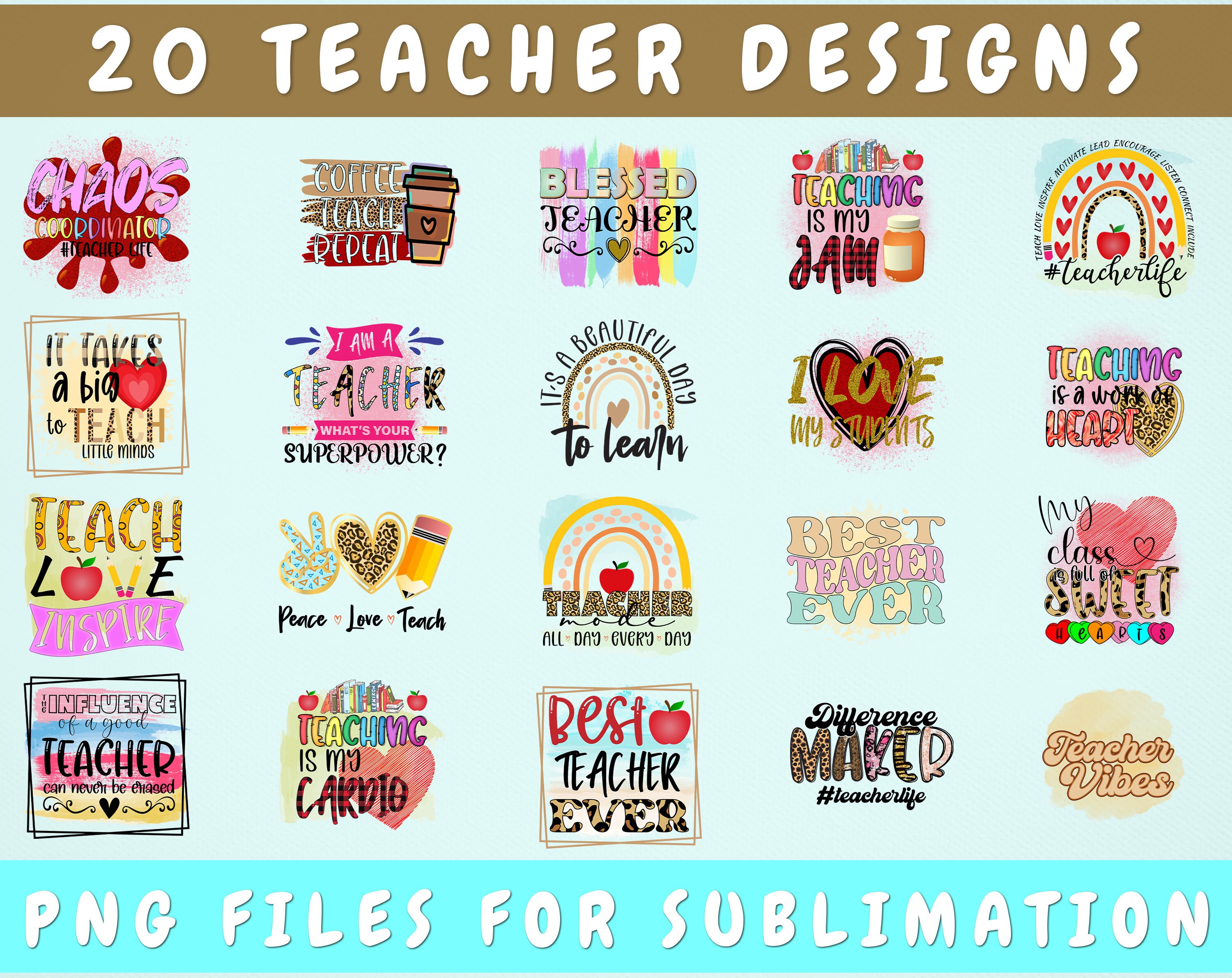 Teacher Sublimation Designs Bundle 20 Designs Teacher Etsy