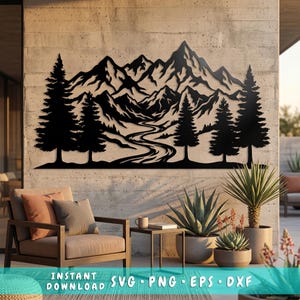 May include: Black metal wall art showing a mountain range, trees, and a winding river. The artwork is mounted on a concrete wall. The image also shows outdoor furniture, plants, and the text "INSTANT DOWNLOAD SVG • PNG • EPS • DXF".