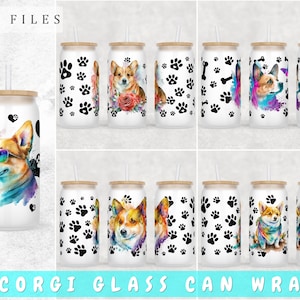Corgi Libbey Glass Can Wraps Bundle, 5 Designs, 16oz Glass Can PNG, Corgi Glass Can Sublimation Design, Welsh Corgi Glass Can PNG