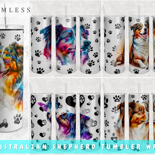 Australian Shepherd Tumbler Wraps Bundle, 5 Designs, 20oz Skinny Tumbler PNG Files, Australian Shepherd Tumbler Sublimation Designs