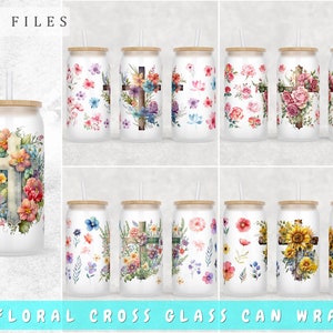 Floral Cross Libbey Glass Can Wraps Bundle, 5 Designs, 16oz Glass Can PNG, Christian Cross Glass Can Sublimation Designs, Cross Glass Can