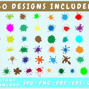 50 色のマルチカラー ペイント スプラッシュ SVG バンドル、ペイント スプラッター SVG、滴るペイント SVG、ペイント スプラッシュ シルエット、Cricut 用スプラッシュ カット ファイル