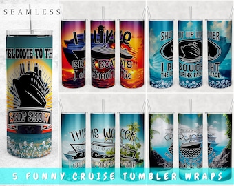 Funny Cruise Tumbler Wraps Bundle, 5 Designs, 20oz Skinny Tumbler PNG Files, Seamless Cruise Tumbler Sublimation Designs
