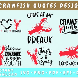 Puede incluir: Seis diseños con temática de cangrejo de río con diferentes lemas. Los diseños incluyen "Peace Love Crawfish", "Come at Me Breaux", "Crawfish Junkie", "Put Some South in Your Mouth", "Feisty & Spicy" y "Let's Get Cray".