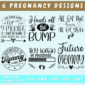 Può includere: Sei design di annuncio di gravidanza in bianco e nero. I design includono testo come "Niente più vino per 9 mesi", "Mani fuori dalla pancia", "Tutto di me ama tutto di te", "Promossa a mamma", "Piccolo umano in corso", e "Futura mamma".