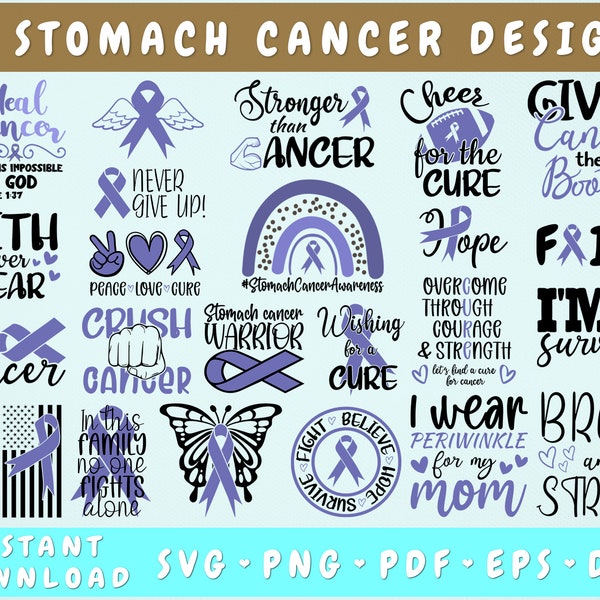 Stomach Cancer Awareness SVG Bundle - 24 Designs, Stomach Cancer Cut Files, Periwinkle Cancer Ribbon SVG, Crush Cancer SVG