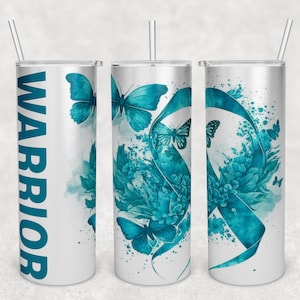 Teal Awareness Ribbon Tumbler Wrap, 20oz Skinny Tumbler PNG File, Seamless Warrior Tumbler Sublimation Design, Teal Ribbon Tumbler PNG