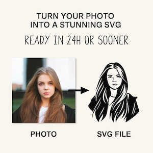 Puede incluir: Imagen que muestra la transformación de una foto en un archivo SVG. El texto dice: "CONVIERTE TU FOTO EN UN SVG IMPRESIONANTE LISTO EN 24H O ANTES". La foto de una mujer está a la izquierda y el archivo SVG a la derecha.