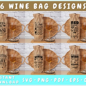 Op de afbeelding: Zes verschillende ontwerpen voor wijnzakken. Elke zak is gemaakt van jute en heeft een ander gezegde over wijn. De gezegdes zijn: "Drink me! Ik zal je gelukkig maken", "Wijnproeven is mijn favoriete sport", "Rode lippen en wijnslurpen", "Het leven is goed, maar wijn maakt het beter", "De wijn past goed bij beste vrienden en slechte keuzes", en "Als wijn naar binnen gaat, komt wijsheid naar buiten".
