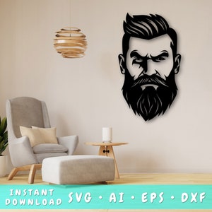 Peut inclure: Silhouette noire et blanche d'un homme avec une barbe et une expression sérieuse. Les cheveux de l'homme sont coiffés en pompadour. L'image est adaptée pour être utilisée comme décoration murale ou élément de design.