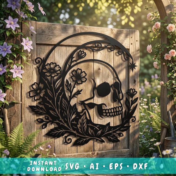 Floral Skull Moon SVG, Gothic Skull Wall Art,  Crescent Moon Flowers SVG, Metal Sign Laser Cut File, Cricut Glowforge Dxf Cnc