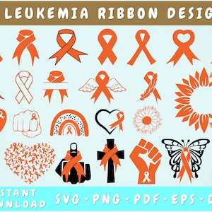 Leukemia Ribbon SVG Bundle, 25 Designs, Leukemia Clipart SVG, Cancer Butterfly Svg, Orange Ribbon SVG, Blood Cancer Png