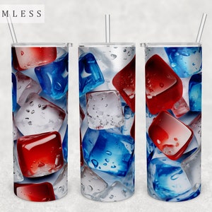Rot, Weiß und Blau Eiswürfel Tumbler Wrap, 20 Unzen Skinny Tumbler PNG-Datei, Nahtlose Tumbler Sublimation Design, 4. Juli Tumbler PNG