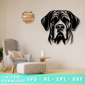 May include: Black and white silhouette of a dog's head, with a serious expression. The dog has large floppy ears and a short muzzle. The image is set against a white wall with a light fixture in the background.