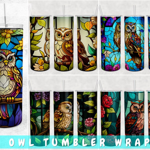 Stained Glass Owl Tumbler Wraps Bundle, 5 Designs, 20oz Skinny Tumbler PNG Files, Owl Tumbler Sublimation Designs, Owl Tumbler PNG