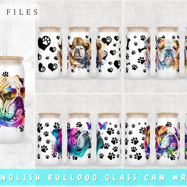 English Bulldog Libbey Glass Can Wraps Bundle, 5 Designs, 16oz Glass Can PNG, English Bulldog Glass Can Sublimation Design