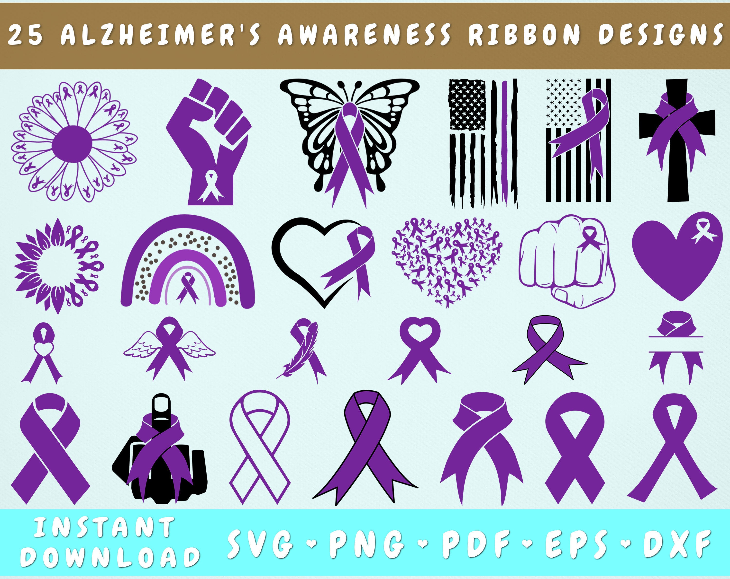 Alzheimer's Awareness Ribbon SVG Bundle, 25 Designs, Alzheimer's ...